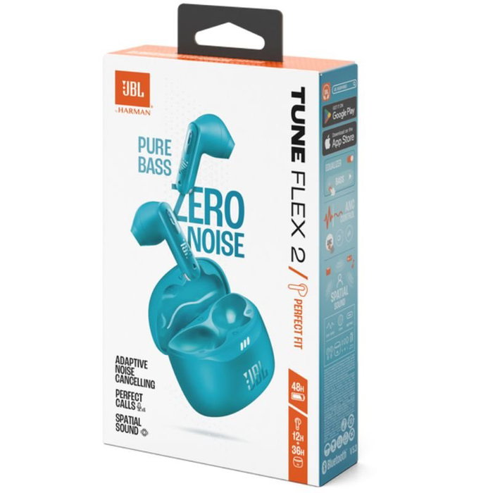 JBL Tune Flex 2 Azul Turquesa con cancelación de ruido adaptativa y sonido JBL Pure Bassy autonoía de 12h/48h con estuche de carga. JBL Tune Flex 2 Azul Turquesa con cancelación de ruido adaptativa y sonido JBL Pure Bassy autonoía de 12h/48h con estuche de carga.